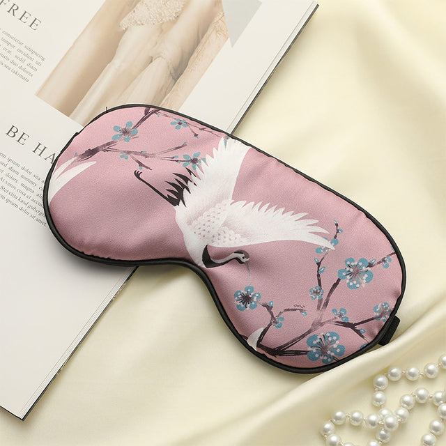 Silk Eye Mask for Sleep with Crane Print - Portable Design