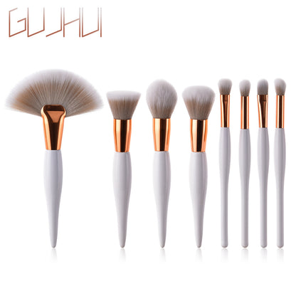 8-Piece Makeup Brush Set with Black Handle and Silver Tubes