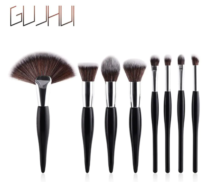 Ensemble de 8 pinceaux de maquillage avec manche noir et tubes argentés