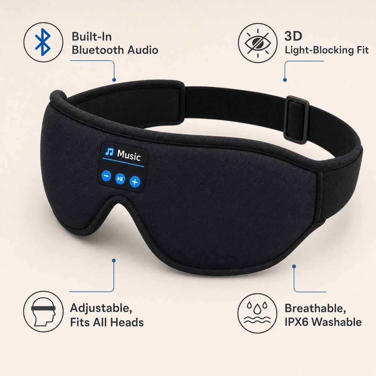 Masque de sommeil 3D Bluetooth 5.0, musique stéréo illimitée