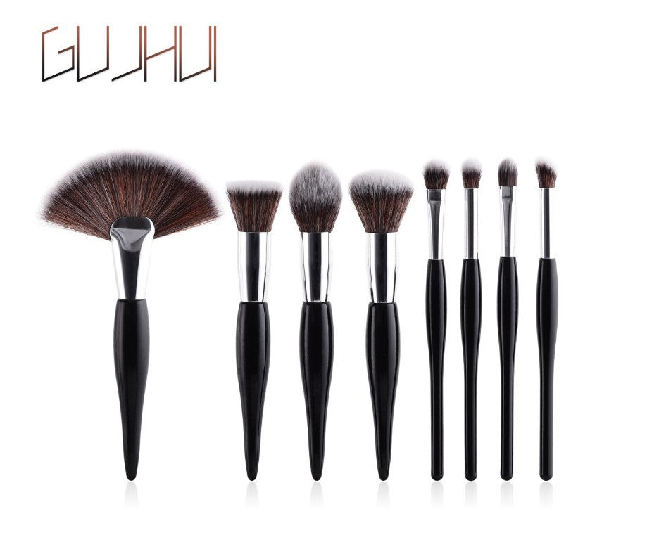 Ensemble de 8 pinceaux de maquillage avec manche noir et tubes argentés